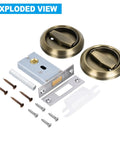 Slick Brushed Bronze Recessed Pull Handles for Sliding Doors and Cabinet Drawers Rock Solid Hidden Cup Knobs with Quick Install Screws components laid out.