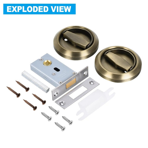 Slick Brushed Bronze Recessed Pull Handles for Sliding Doors and Cabinet Drawers Rock Solid Hidden Cup Knobs with Quick Install Screws components laid out.