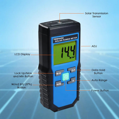 Front view of Handheld Solar Irradiance Meter For Real World Sun Readings, Digital Solar Power Meter With 2000 W/m2 Range, LCD display.