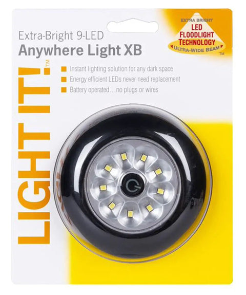 9-LED Anywhere Light XB Black 3 Pack With Ultra Bright Floodlight package showing LED design and branding details