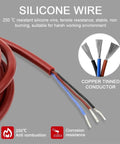 Close-up of 250°C silicone wire with copper tinned conductors, showing red insulation and labels for anti-combustion and corrosion resistance.