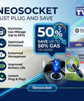 Image of Neosocket 12V car gas saver gadget packaging and benefits, highlighting gas mileage improvement up to 50%.