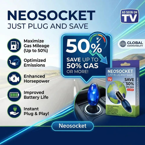 Image of Neosocket 12V car gas saver gadget packaging and benefits, highlighting gas mileage improvement up to 50%.