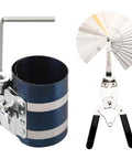 Front view: piston ring compressor tool kit with blue strap-type compressor, stainless feeler gauge wheel, and chrome pliers.