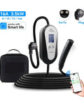 Portable EV Charger With 16 Amp And 32 Amp Super Fast Juice Delivery Delivering Steady 3.5 Kilowatt EVSE Power, showing a 16A charger with a display and a smartphone app.