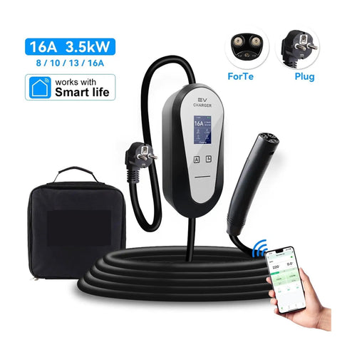 Portable EV Charger With 16 Amp And 32 Amp Super Fast Juice Delivery Delivering Steady 3.5 Kilowatt EVSE Power, showing a 16A charger with a display and a smartphone app.