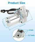 Diagram showing dimensions of Beefed Up 3 Bolt ATV Starter Motor Kit for 50cc-125cc Chinese 4 Stroke Quads, with 12 teeth and 3 bolt design.