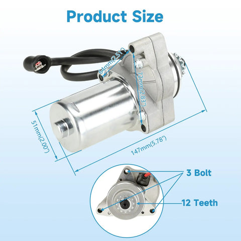 Diagram showing dimensions of Beefed Up 3 Bolt ATV Starter Motor Kit for 50cc-125cc Chinese 4 Stroke Quads, with 12 teeth and 3 bolt design.