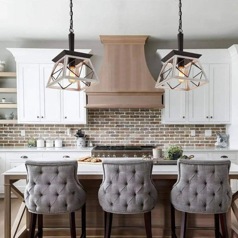 Farmhouse Style Pendant Light Fixture For Dining Room Hallway Entryway And Kitchen Island 1 Light Industrial Chandelier With Oak White Frame And Black Matte Iron Finish UL Listed For Indoor Living Spaces hanging over kitchen island