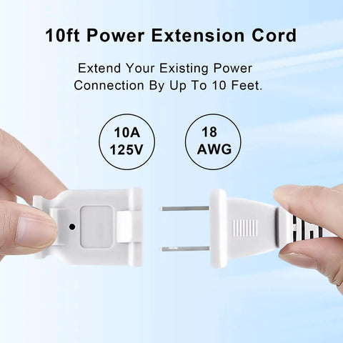 Hands holding Ten Foot Two Prong Indoor Extension Cord White 18 Gauge Two Conductor ETL Listed Waterproof Plug And Play Power Cable