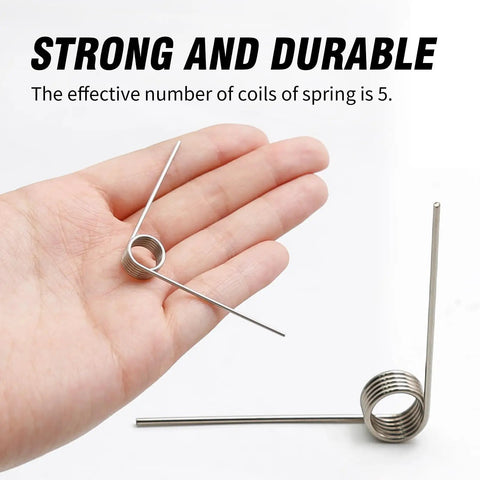 10 Pack Small Stainless Steel Torsion Springs 50mm Long 1.2mm Thick 11.4mm OD With 5 Turns And 120 Degree Rotation displayed on hand
