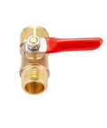 Close-up of brass mini ball valve with red handle