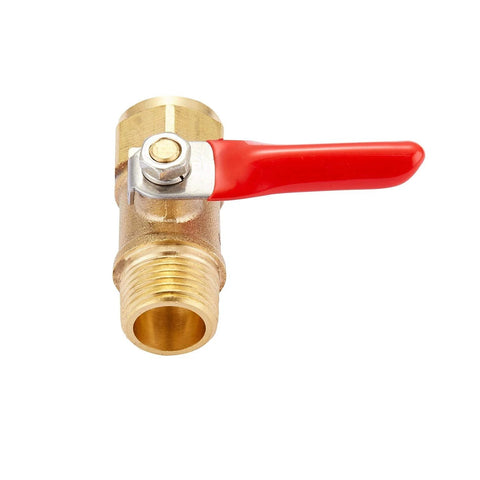 Close-up of brass mini ball valve with red handle