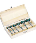 Pro Level Six Piece Forstner Drill Bit Set Equipped With Sharp Carbide Tips For Dead Center Woodcuts On Any Project Includes Six Standard Round Shank Measurements From Fifteen To Forty Millimeters in a wooden case.