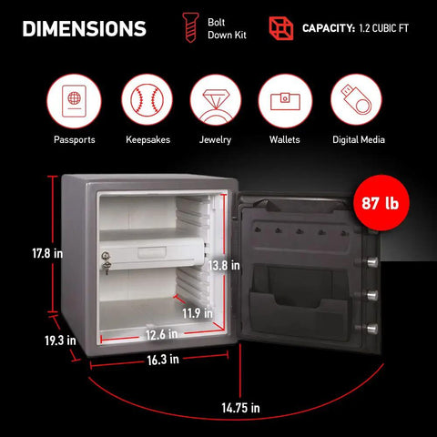 Waterproof And Fireproof Alloy Steel Home Safe With Digital Keypad, 1.23 Cubic Feet, Open with Dimensions