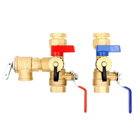 Three Quarters Inch IPS Tankless Water Heater Isolation Valve Kit With Pressure Relief Valve And Drain Valve Lead Free Brass NPT Hot And Cold Red And Blue Handles Full Port Ball Valve For Max Flow Easy Install, showing red and blue handle valves.