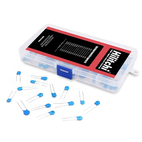High Voltage DIP Ceramic Capacitor Kit 150 Piece Value Assortment Two Kilovolt 2000V 100pF To 10000pF 15 Percent Tolerance Rugged Resealable Storage Case Must Have For DIY Electronics displayed with case and components.