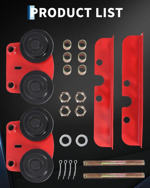 Heavy Duty 1 Ton Electric Hoist Trolley With Adjustable Flange Width For I-Beams showing red wheels, bolts, and nuts for stability.