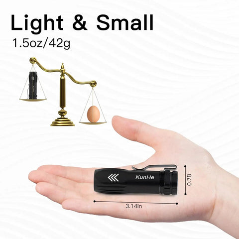 Five Pack Mini USB-C Rechargeable Flashlights, Tiny Yet Mighty High-Lumen Pocket Lights shown in hand, lightweight design with scales.