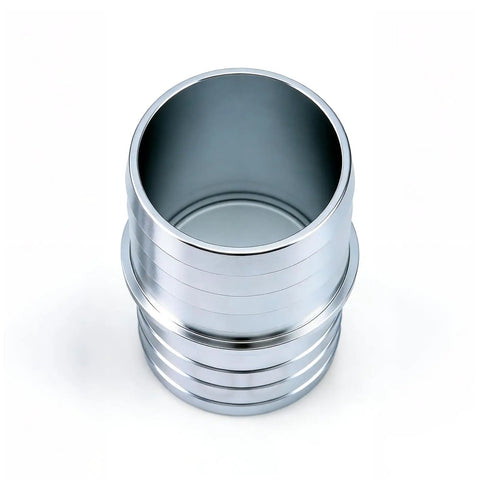Close-up of an aluminum One And A Half Inch Hose Barb Splice Coupler Kit Aluminum Repair Fittings For Radiator Coolant Hoses Intercooler Heat Exchanger Includes Two Barbed Connectors And Four Hose Clamps For Leak Proof Easy Install fitting
