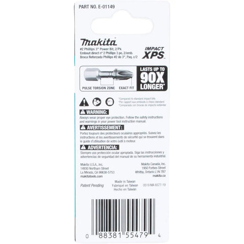 Impact XPS PH2 3 Inch Power Bit 2 Pack Durable Phillips Bit Set With Precision Machined Tips packaging back view
