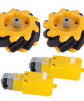 Mecanum wheel set: two yellow/black 60mm wheels with gray hubs plus two yellow TT geared motors
