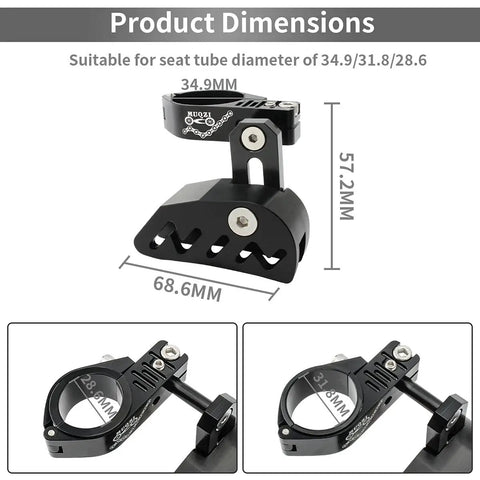 Go To Heavy Duty Aluminum MTB Chain Guide for Single Crank Bikes, Adjustable Deflector Shield, product dimensions shown
