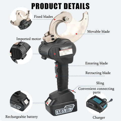 LwiftGal Cordless Electric Wire Scissors Portable Ratchet Cable Cutter For Copper Aluminum Armored Cables Rechargeable Power Tool showing blade details and battery.