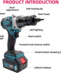 Close-up of Cordless Electric Rivet Gun And Nut Setter Kit With Rechargeable Battery Charger Plus Rugged Carry Case No Cord Hassles Grab And Roll Power Tool for M3 to M12 Fasteners showcasing features like LED lighting and non-slip handle.