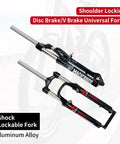 26 Inch Mountain Bike Suspension Fork 100mm Travel One And One Eighth Inch Steerer Quick Release Manual Lockout Disc Brake V Brake Trail Ready Compatible Aluminum Alloy Black Gray, detailed view showing lockable shock and aluminum alloy construction.