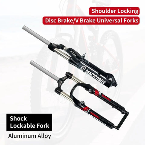 26 Inch Mountain Bike Suspension Fork 100mm Travel One And One Eighth Inch Steerer Quick Release Manual Lockout Disc Brake V Brake Trail Ready Compatible Aluminum Alloy Black Gray, detailed view showing lockable shock and aluminum alloy construction.