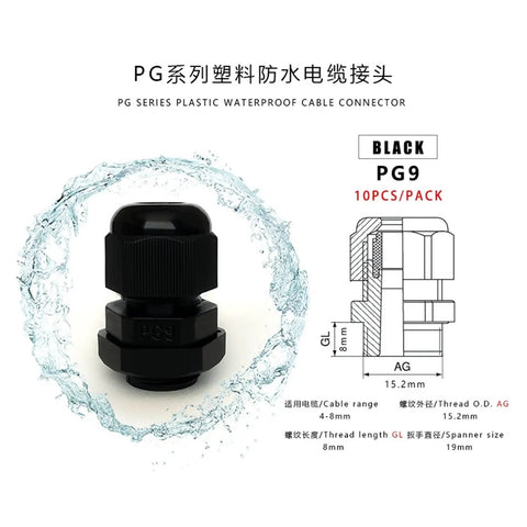 Cable Gland Kit 10Pcs PG9 Black PA66 Waterproof Adjustable Nylon Cable Glands With Gasket for 4 to 8mm Cables