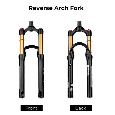 Front and back view of Beefy 20 And 24 Inch Mountain Bike Suspension Air Fork With 32mm Stanchions, reverse arch design.