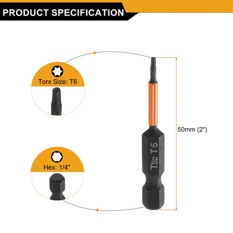 Built Tough T6 Torx Screwdriver Bits With One Quarter Inch Hex Shank And Two Inch Length Crafted From Heat Treated S2 Steel In A Five Piece Kit designed for precision.