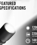 XP9R 1200 Lumen USB-C Rechargeable Dual Power LED Flashlight With Pure Beam Slide Focus specifications, beam distance, and runtime.