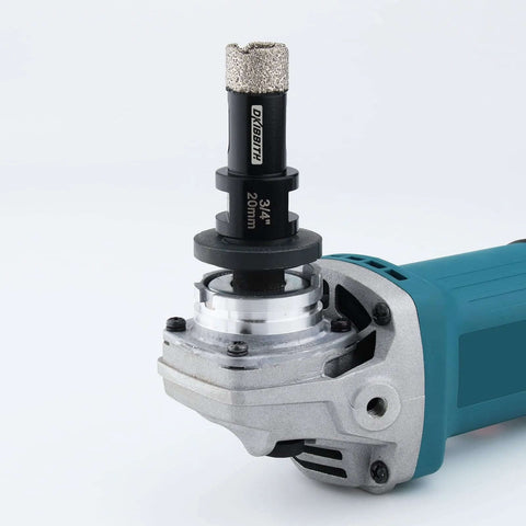 DKIBBITH vacuum-brazed diamond core drill bit, 3/4 in (20 mm), mounted on a blue angle grinder.