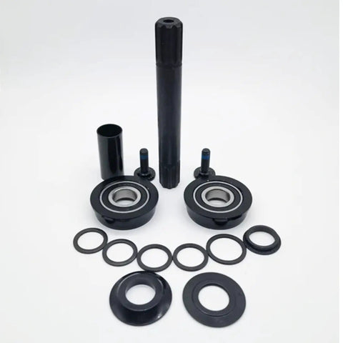 American 19mm Bottom Bracket Set With 8T Cr-Mo Axle Spindle, Press Fit Cups, 6061 CNC Machined Alloy laid out with spacers and washers