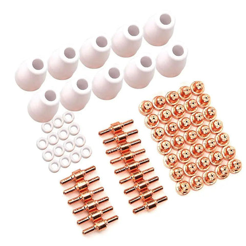 Top Tier 75-Pc Plasma Cutting Torch Consumables Kit For Pt-31 Cut40 assorted copper tips and ceramic rings arranged for precision cutting.