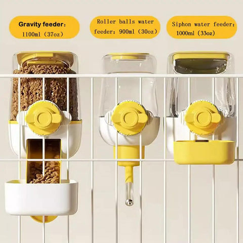 No Stress Hanging Pet Food And Water Bowl Combo For Cats Dogs And Small Rabbits Gravity Powered Cage Mounted Dispenser Holds 37 Oz with gravity, roller, and siphon feeders.
