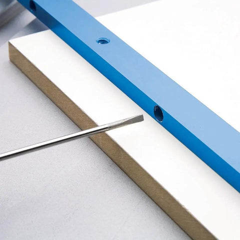Close-up of 18 Inch Aluminum Miter Bar for Easy Glide on Table Saws showing precision fit in standard three quarter inch by three eighth inch miter slots.