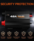Heavy Duty 12V 40A DC To DC Lithium Battery Charger With Smart Multi Stage Charging Plus 14.6 Volt Output And M8 Terminal, showcasing protection features.