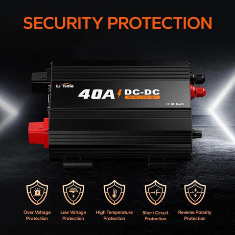 Heavy Duty 12V 40A DC To DC Lithium Battery Charger With Smart Multi Stage Charging Plus 14.6 Volt Output And M8 Terminal, showcasing protection features.