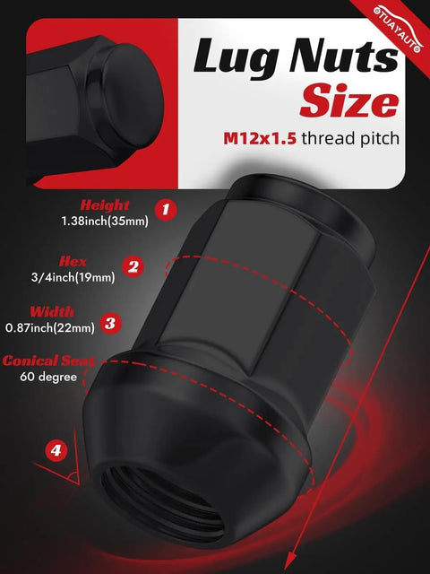Diagram of 12x1.5 Lug Nuts Black 24 Pcs Closed End Bulge Acorn Style For Toyota 4Runner Tacoma Tundra Replacement Set Three Quarter Inch Hex 60 Degree Conical Taper, showing size and dimensions.