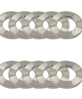 Premium Grade 5 Titanium Flat Washers For M5 M6 M8 M10 Bolts And Nuts Rock Solid Corrosion Resistant Heavy Duty Hardware Fasteners 10 Pack Silver arranged side by side.