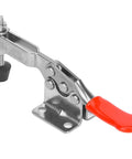 Heavy Duty Horizontal Adjustable Toggle Clamp Crafted From Premium 304 Stainless Steel for woodworking with red lever and rubber foot.