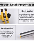 Solid Two Piece Tongue And Groove Router Bit Set With Half Inch Shank and Quarter Inch Cutters showing blade and handle design features.