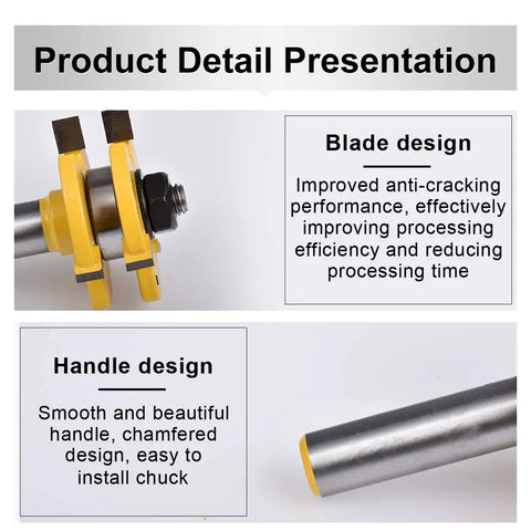 Solid Two Piece Tongue And Groove Router Bit Set With Half Inch Shank and Quarter Inch Cutters showing blade and handle design features.