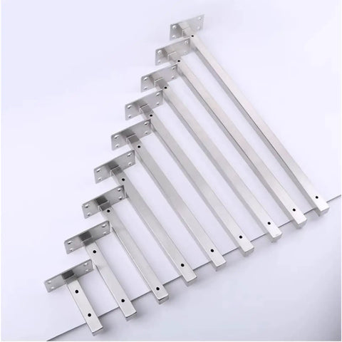 Rock Solid Two Pack Heavy Duty Wall Mounted Shelf Brackets Crafted From Brushed Stainless Steel With Zero Flex Support Frame For Living Room And Bedroom Includes All Basic Hardware, various sizes arranged.