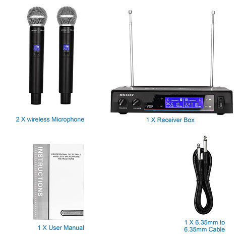 Wireless Microphone System With Dynamic Handheld Mics, 150 Ft Operating Range, includes receiver, manual, and cable