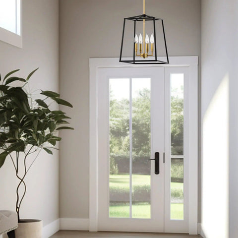 16 Inch 4 Light Modern Black Lantern Pendant Light With Warm Brass Accents Dope Geometric Metal Cage Chandelier in a foyer